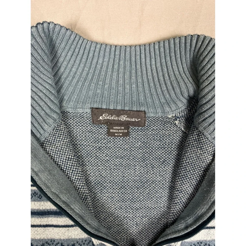Eddie Bauer Quarter Zip Sweater Mens Medium Blue Nordic Fair Isle Cotton Blend‎